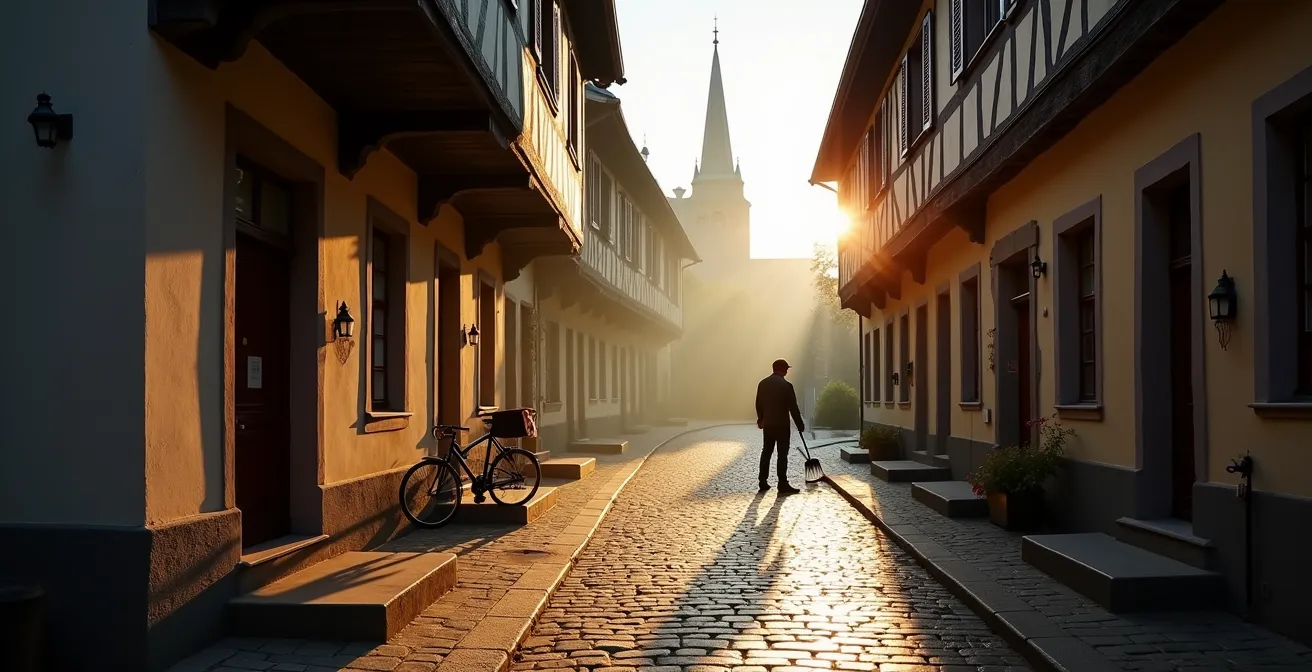 Menschenleere Altstadtgasse am frühen Morgen mit Kopfsteinpflaster und Fachwerkhäusern