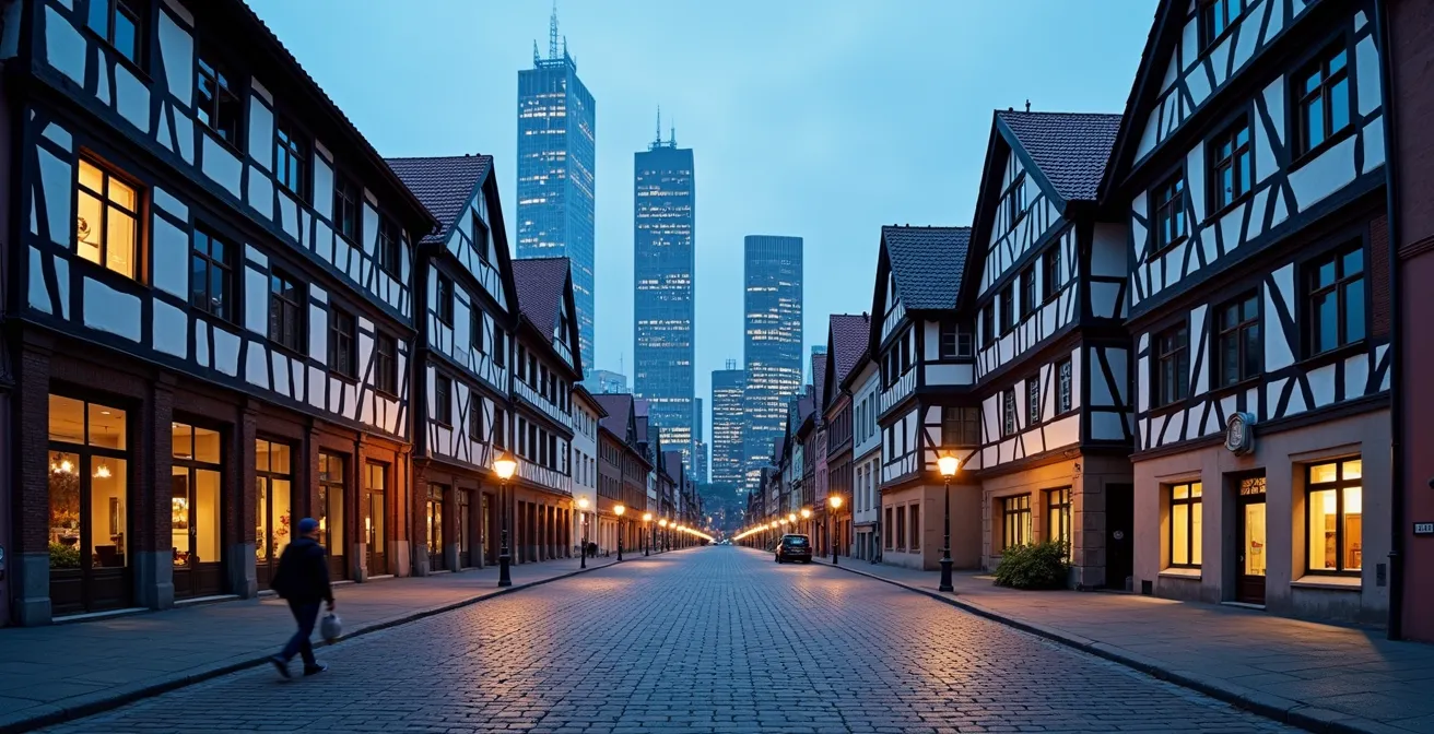 Panoramablick über Frankfurt mit historischen und modernen Gebäuden im Dialog