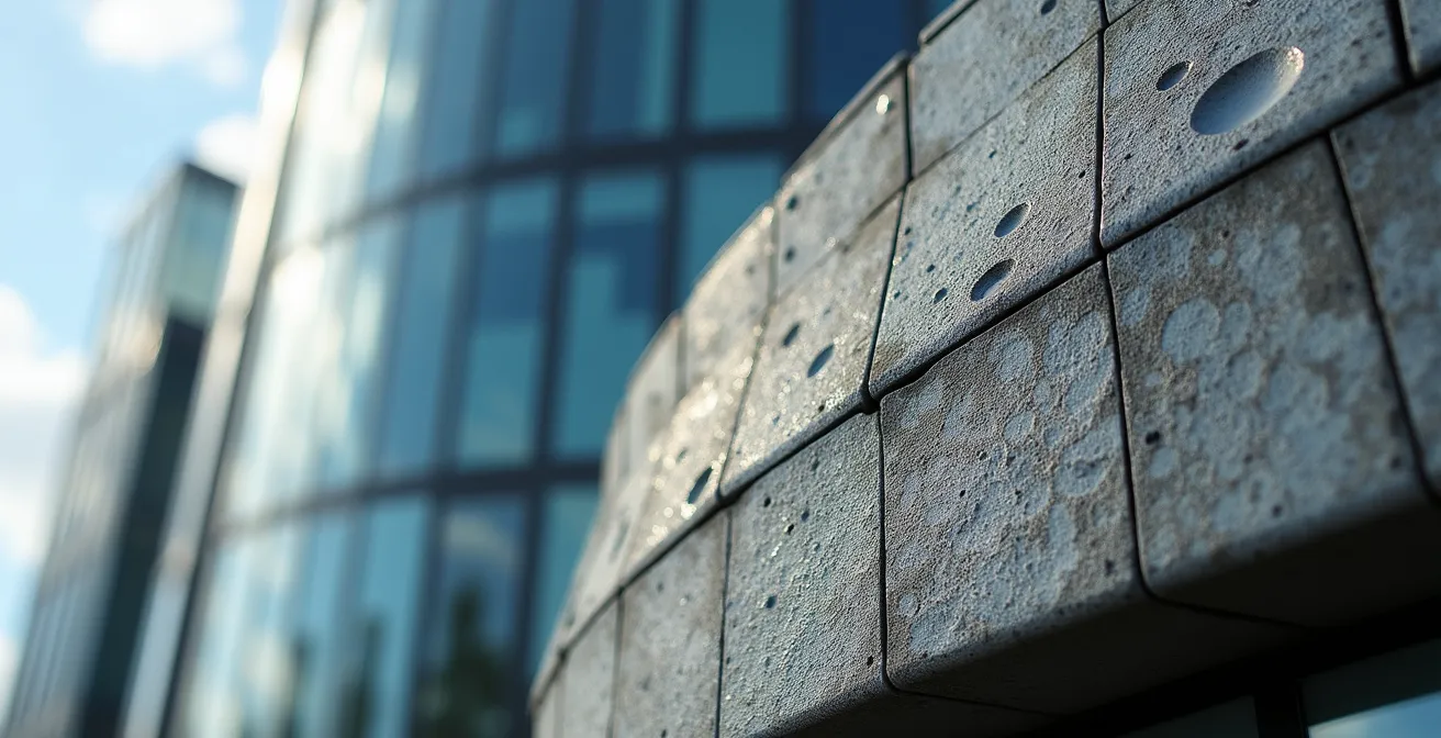 Detailaufnahme verschiedener Fassadenelemente Frankfurter Hochhäuser mit charakteristischen Stilmerkmalen