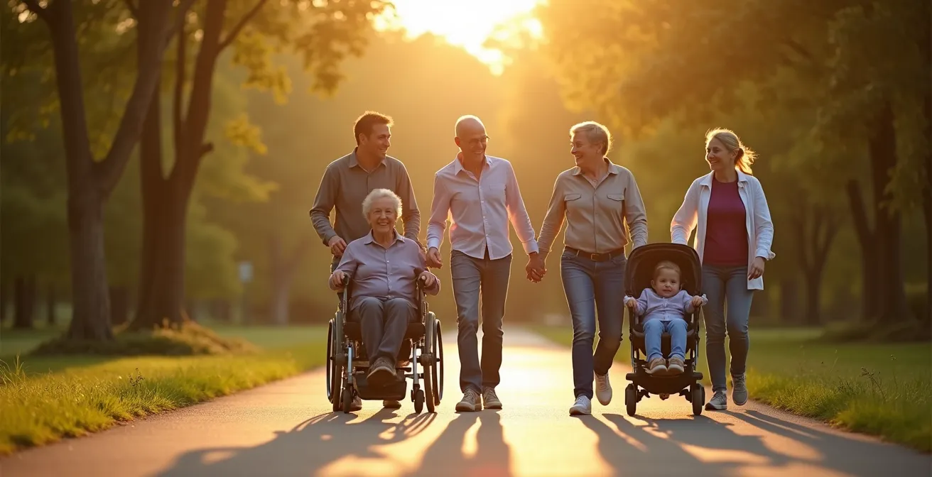 Familie mit Kinderwagen und Rollstuhlfahrer genießen barrierefreien Weg im Grüngürtel