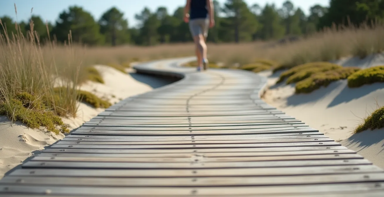 Holzbohlenweg führt durch sandige Dünenlandschaft mit Silbergras und Moospolstern
