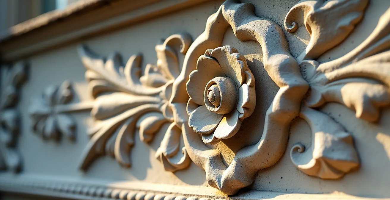 Makroaufnahme von Stuckrosetten und Ornamenten an einer wilhelminischen Villa-Fassade