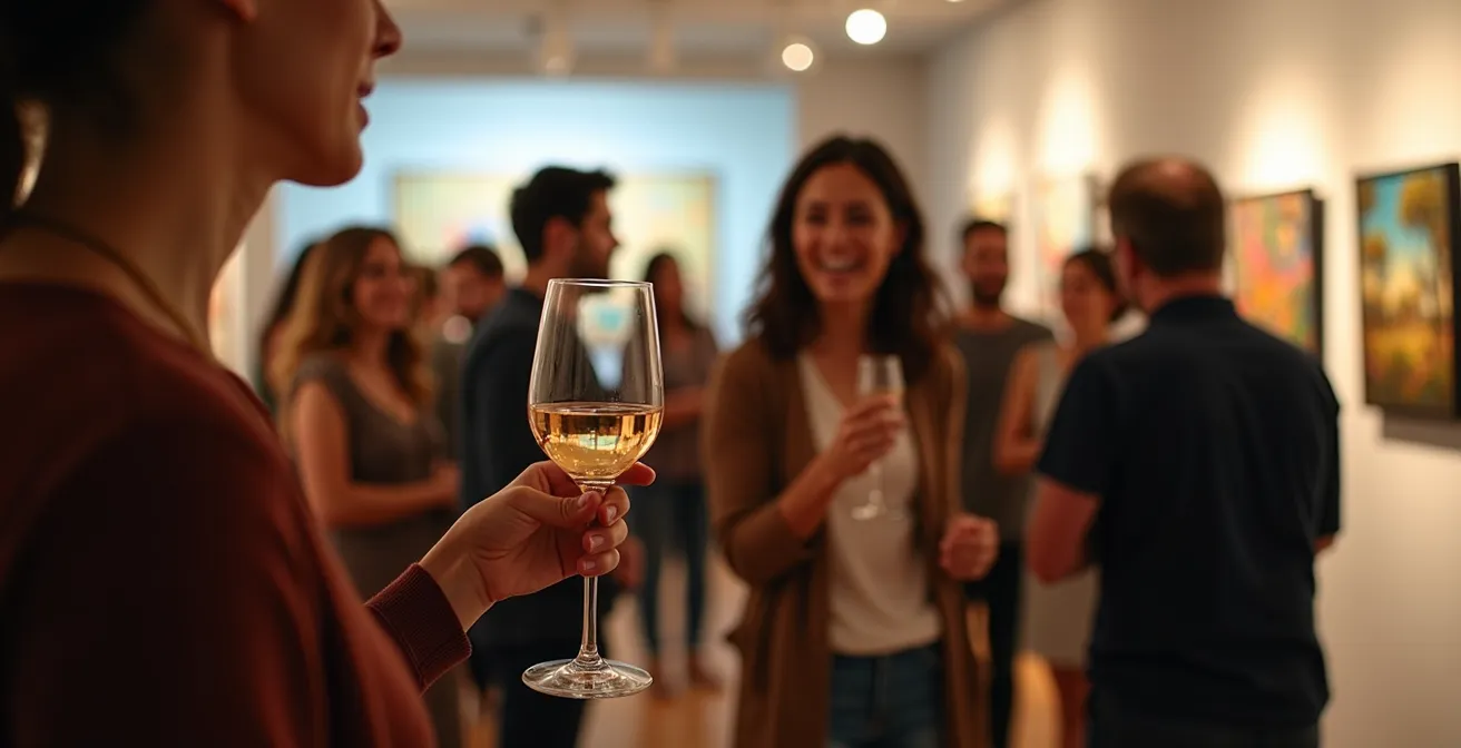 Lebendige Vernissage-Szene an einem Donnerstagabend in einer Sachsenhäuser Galerie
