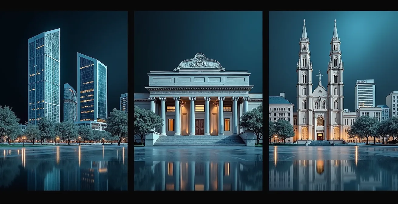 Symbolische Darstellung der drei Städte mit ihren charakteristischen Funktionen