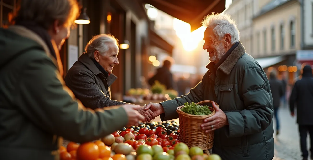 Weitwinkelaufnahme eines authentischen Frankfurter Wochenmarkts mit Einheimischen beim Einkauf im morgendlichen Sonnenlicht