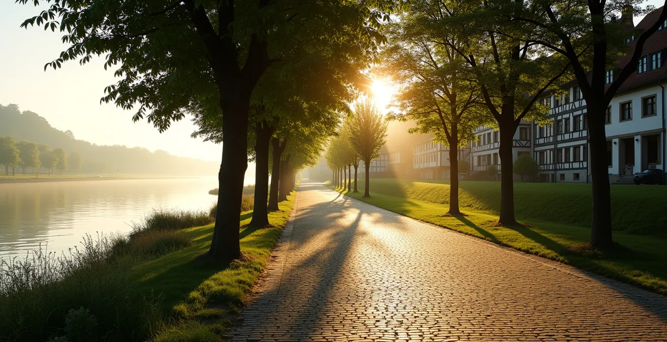 Spazierweg entlang des Rheinufers in Eltville mit historischen Weingütern