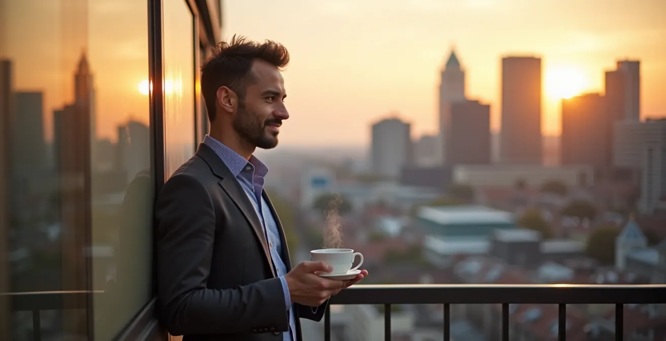 Entspannter Geschäftsreisender mit Frankfurt Skyline im Hintergrund