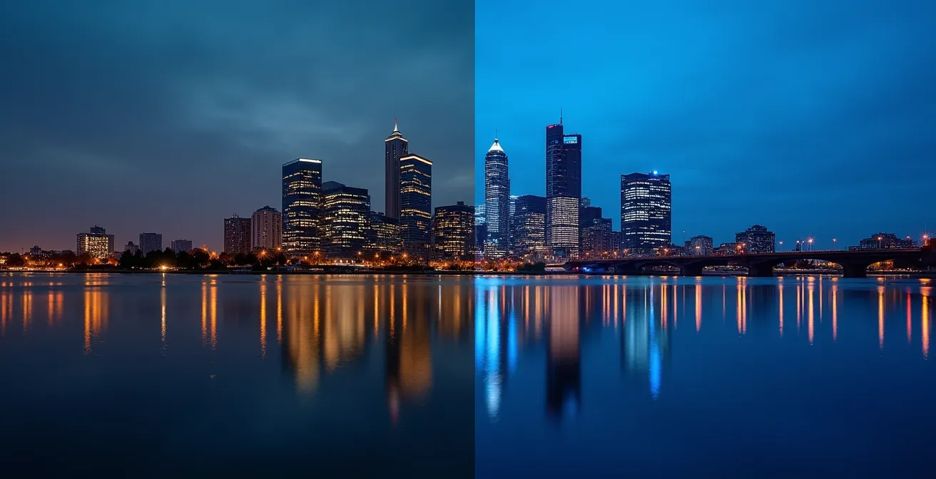 Vergleich zwischen einer unterbelichteten und einer korrekt belichteten Aufnahme der Frankfurter Skyline zur blauen Stunde.