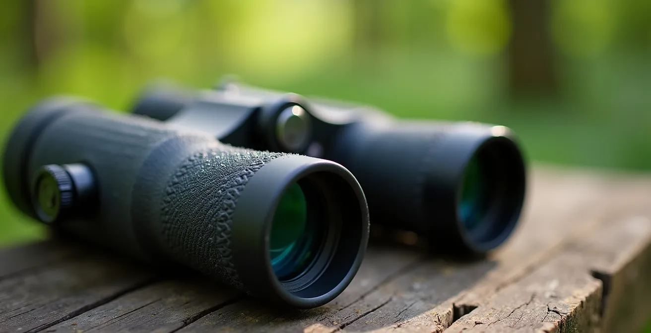 Nahaufnahme von Vogelbeobachtungsausrüstung mit Fernglas und Bestimmungsbuch