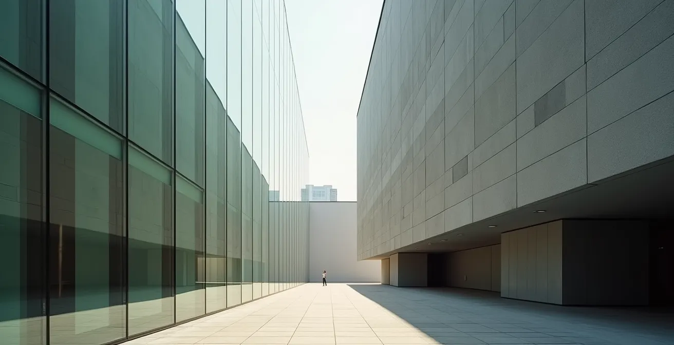 Architektonischer Kontrast zwischen der transparenten Glasfassade des Filmmuseums und der geschlossenen Fassade des Weltkulturen Museums