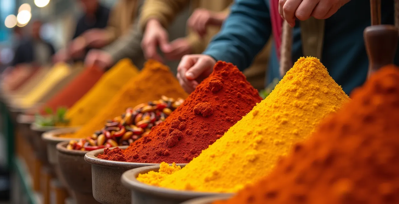 Makroaufnahme verschiedener internationaler Gewürze und Zutaten auf dem Frankfurter Wochenmarkt