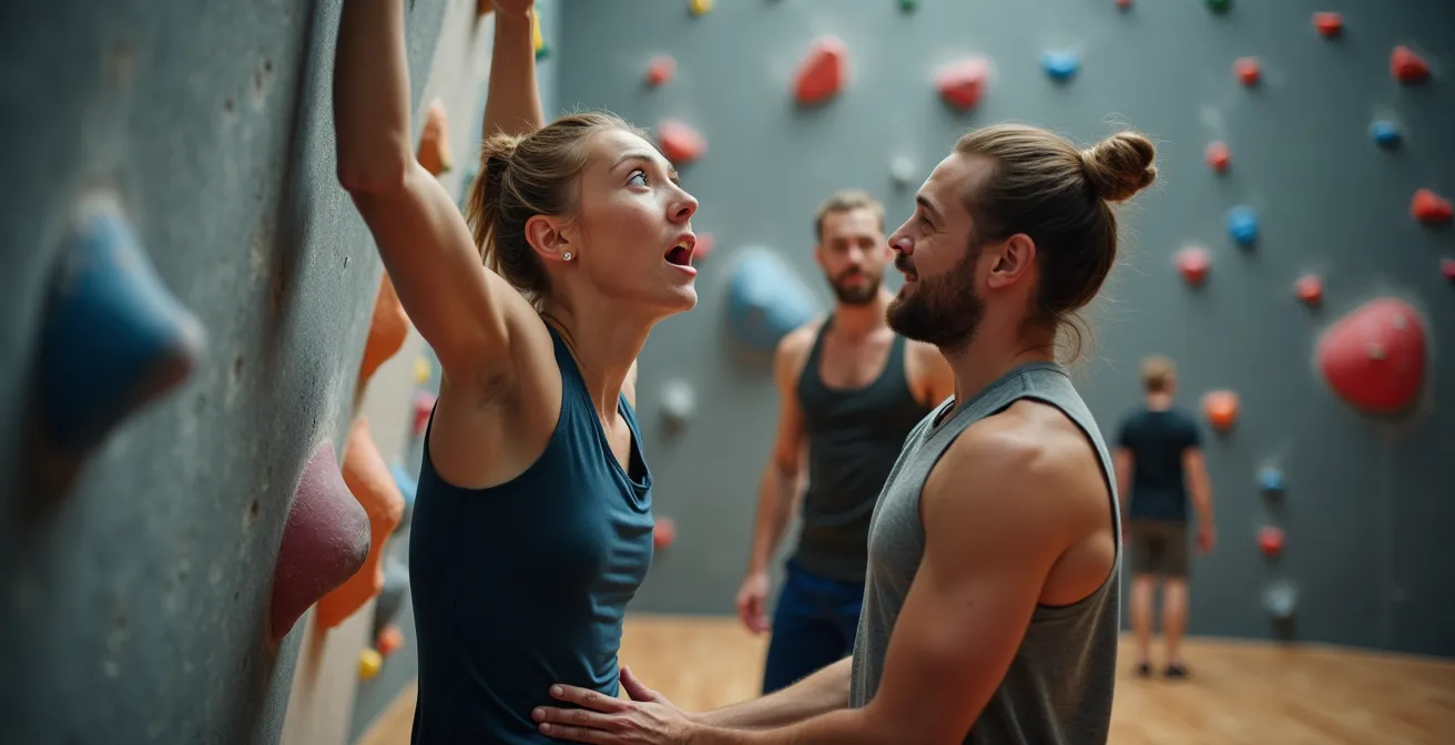 Kletterer in einer modernen Boulderhalle in Frankfurt
