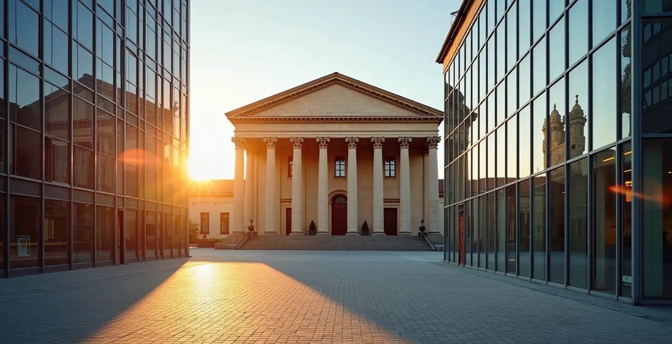 Symbolische Darstellung der drei Säulen: Frankfurt Finanzen, Wiesbaden Verwaltung, Darmstadt Wissenschaft