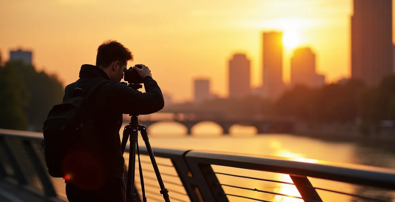 Fotograf mit Stativ auf Mainbrücke fotografiert Frankfurter Skyline im warmen Abendlicht