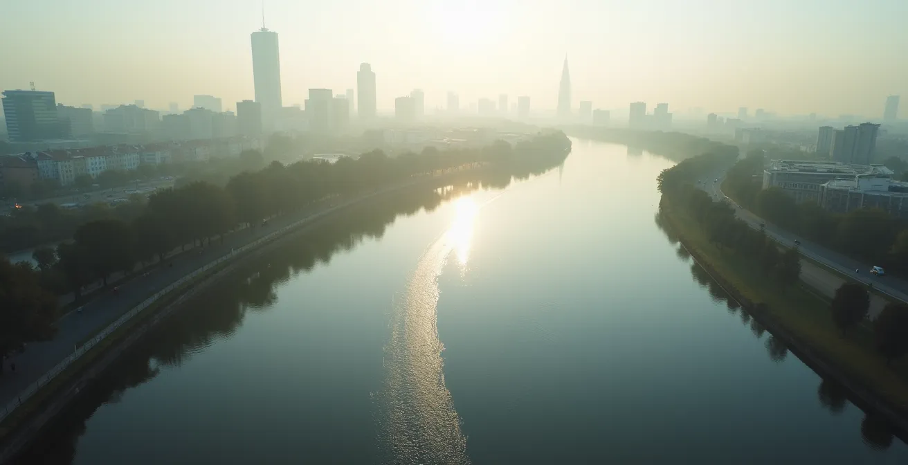 Luftaufnahme des Mainufers als natürliche Wanderleitlinie durch Frankfurt