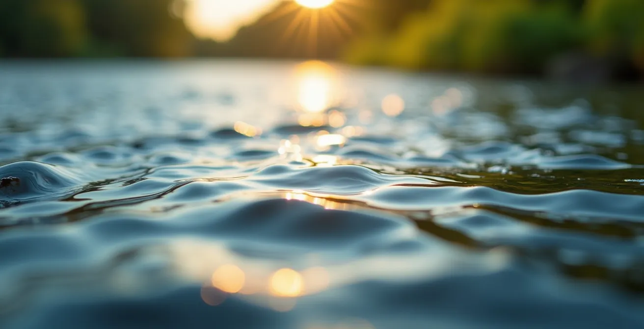Nahaufnahme von sanften Wellenmustern auf dem Main mit verschwommener Uferbepflanzung