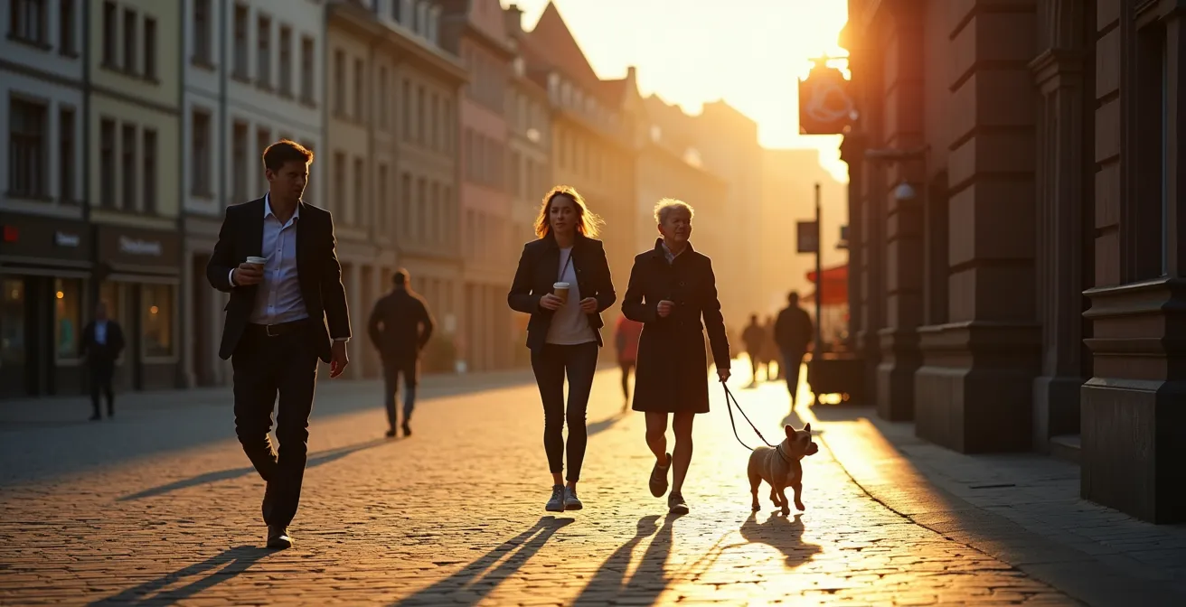 Frühmorgendliche Fußgänger am leeren Römerberg mit warmem Sonnenlicht
