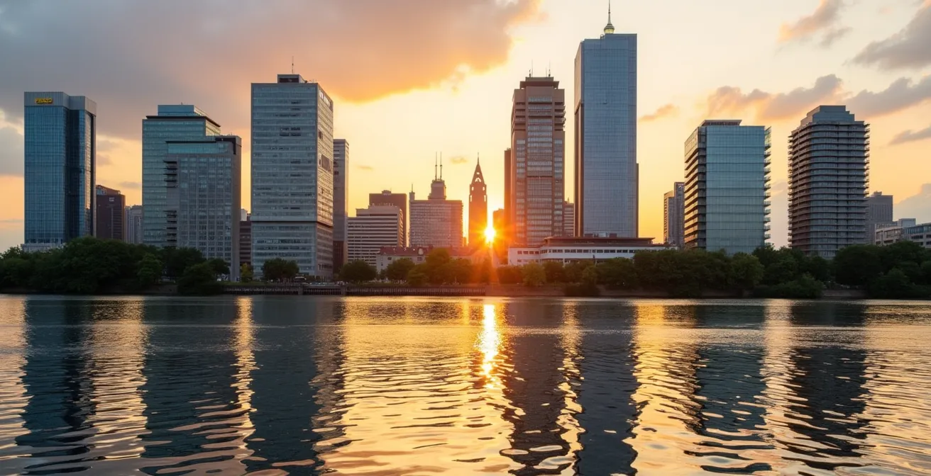 Frankfurter Skyline während der goldenen Stunde mit Glasfassaden die das Licht reflektieren