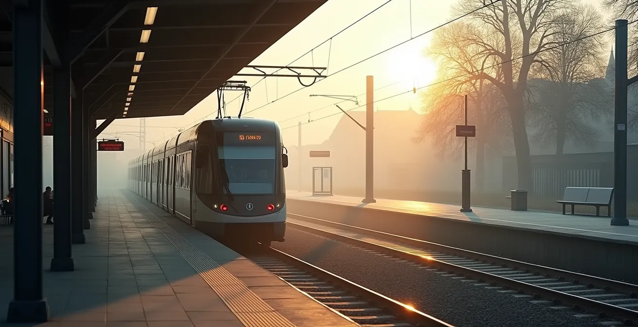 Leere Straßenbahn an der Endhaltestelle im morgendlichen Sonnenlicht