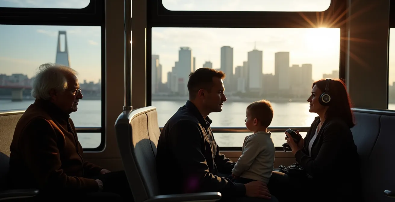 Innenansicht einer Straßenbahn beim Überqueren der Mainbrücke mit Blick auf Frankfurts Wolkenkratzer