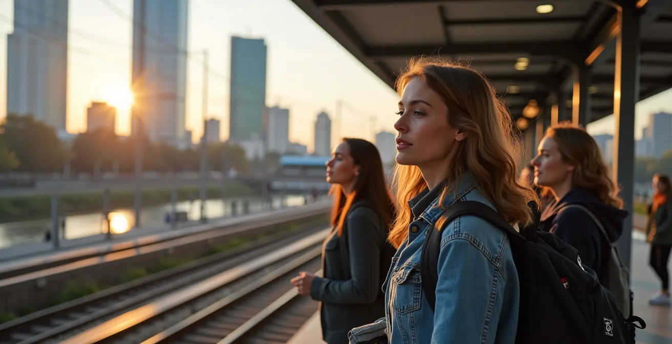 Straßenbahnhaltestelle mit verschiedenen Frankfurter Stadtvierteln im Hintergrund