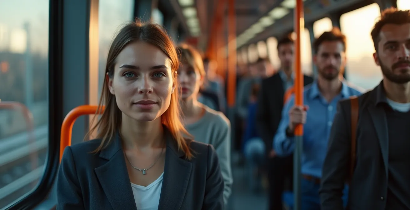 Fahrgäste in einer modernen U-Bahn während der Hauptverkehrszeit