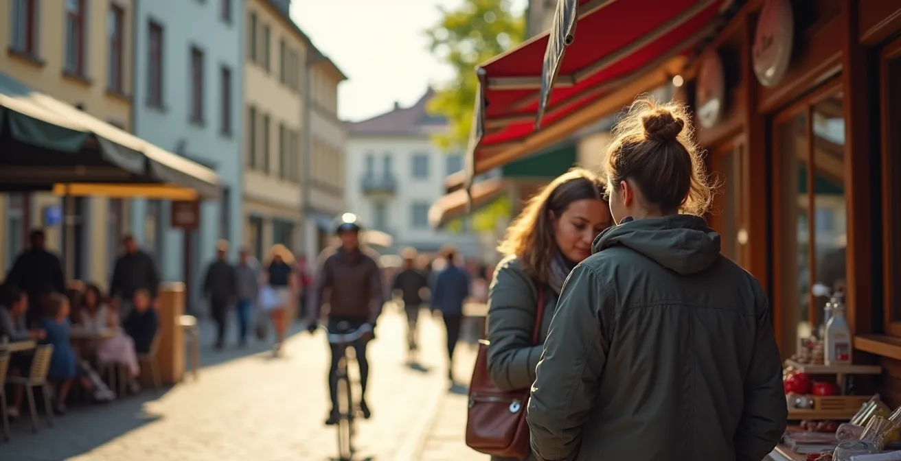 Lebendige Berger Straße in Bornheim mit Cafés und historischen Fassaden