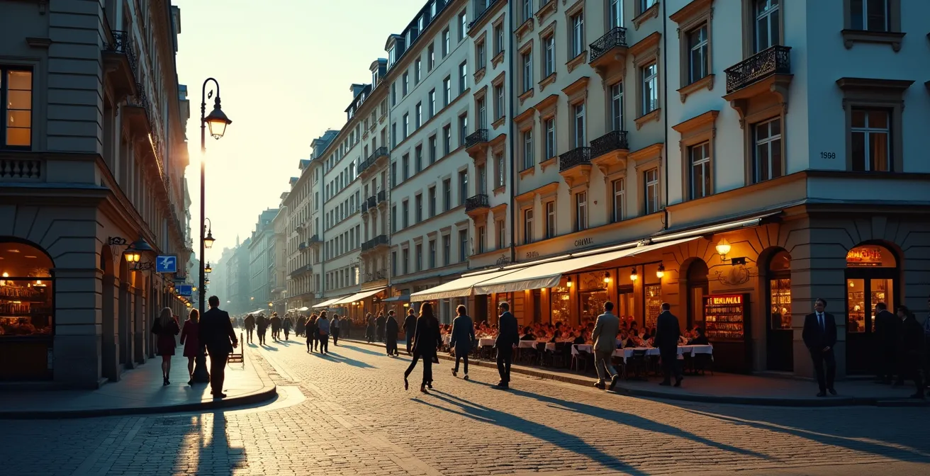 Zeitraffer-Collage zeigt Bankenviertel mittags belebt und abends leer versus Sachsenhausen abends voller Menschen