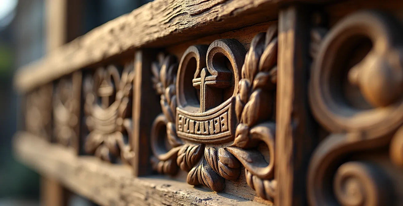 Makroaufnahme historischer Schnitzereien und Handelssymbole an Frankfurter Fachwerkhäusern