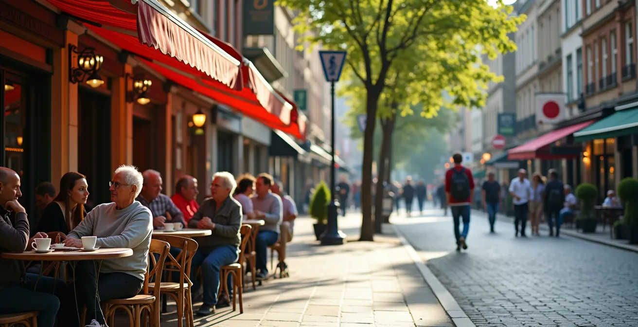 Lebendige Straßenszene im Frankfurter Nordend mit Gründerzeitfassaden und Straßencafés
