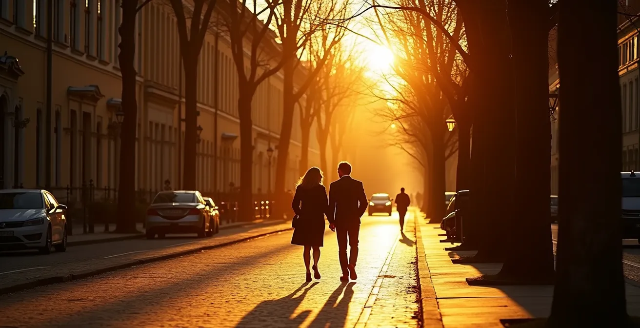 Villenstraße im warmen Abendlicht mit langen Schatten der Platanen