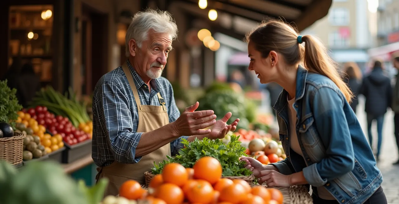 Freundliches Gespräch zwischen Marktbesucher und Gemüsehändler am Frankfurter Wochenmarkt