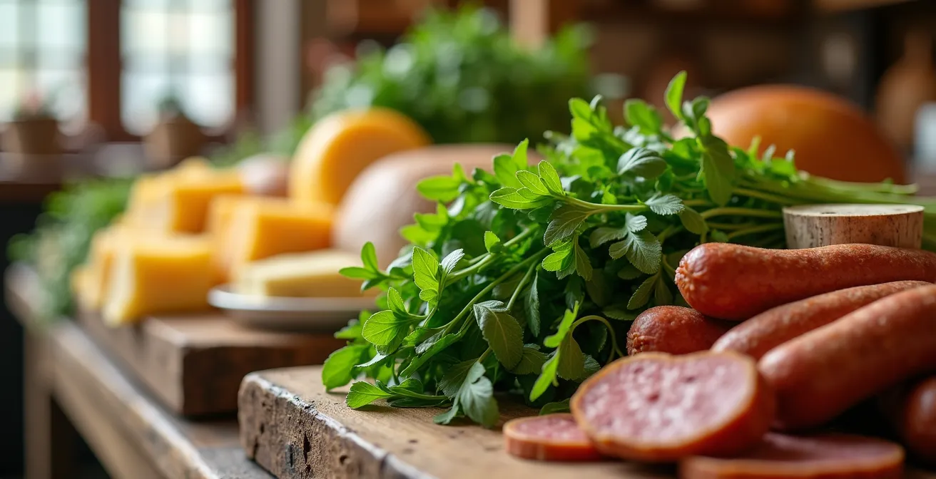 Nahaufnahme traditioneller hessischer Produkte wie Handkäse und Grüne Soße Kräuter
