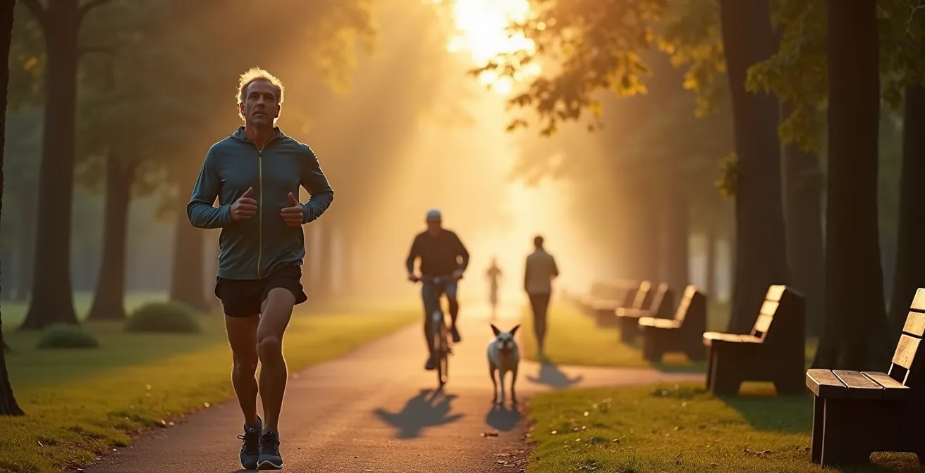 Morgendliche Aktivitäten im Niddapark mit Joggern auf Waldwegen und Radfahrern auf asphaltierten Strecken