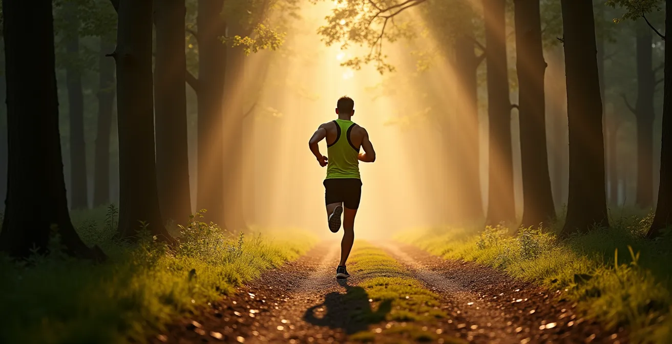 Jogger auf einem Waldweg im Frankfurter Stadtwald bei Morgenlicht