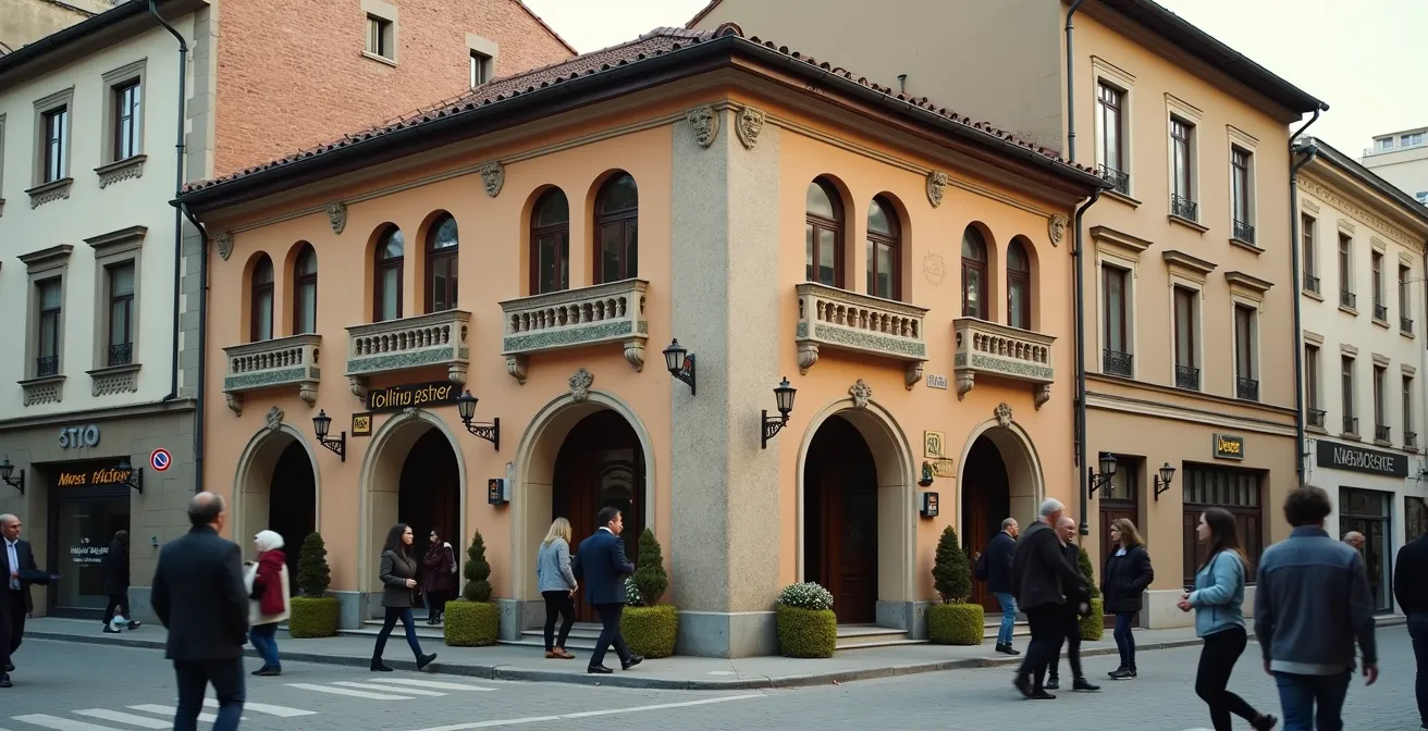 Kulturinstitute und internationale Geschäfte in einem Frankfurter Stadtteil, die die architektonische und soziale Vielfalt widerspiegeln.