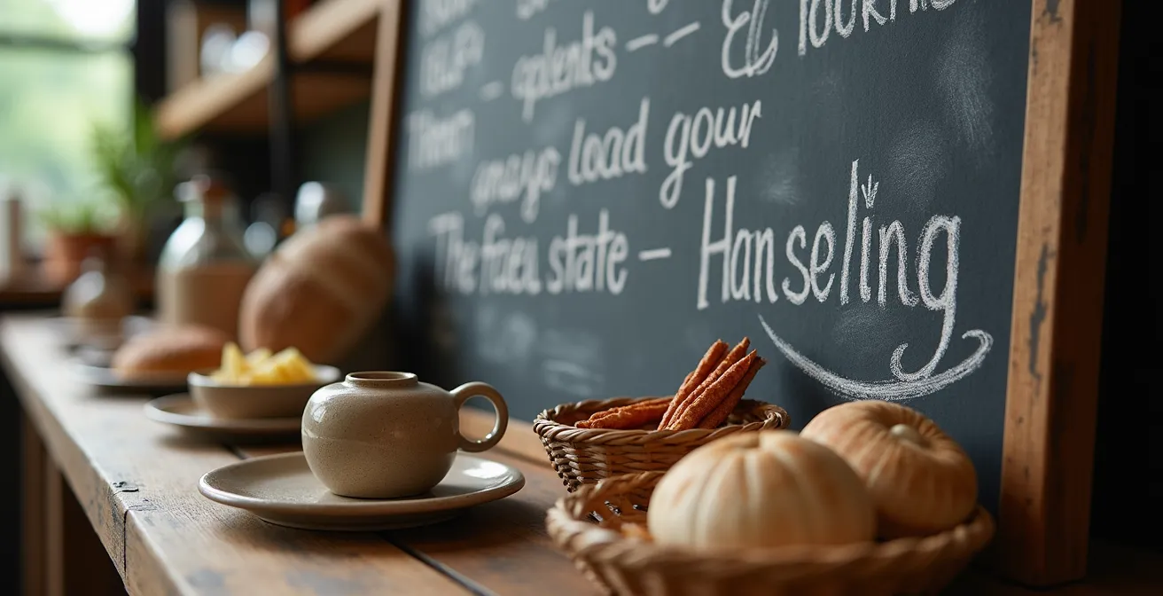 Nahaufnahme von handgeschriebener Kreidetafel und regionalen Produkten