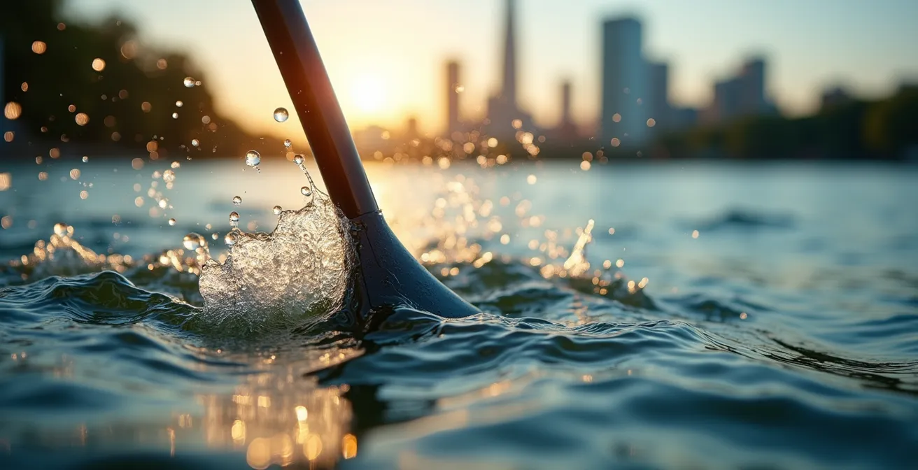 Stand-up-Paddler auf dem Main mit Frankfurter Skyline