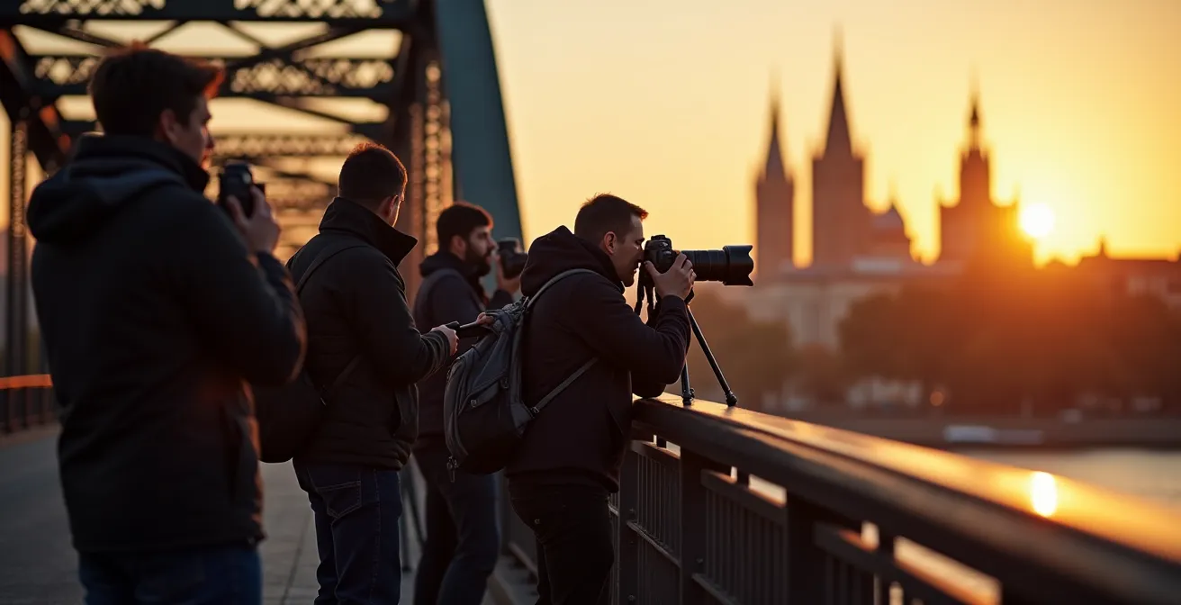 Fotografen mit Stativen auf einer Mainbrücke bei Sonnenuntergang, die die Frankfurter Skyline aufnehmen.