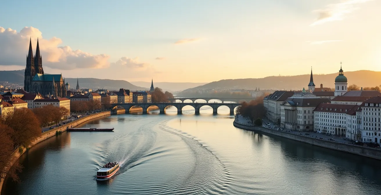 Luftaufnahme der Rheinschleife zwischen Mainz und Wiesbaden mit beiden Domsilhouetten