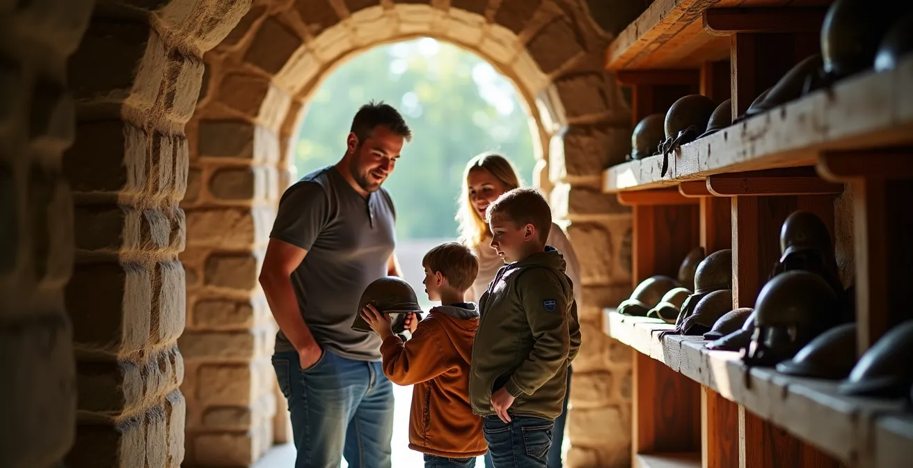 Familie erkundet die rekonstruierten Gebäude im Römerkastell Saalburg