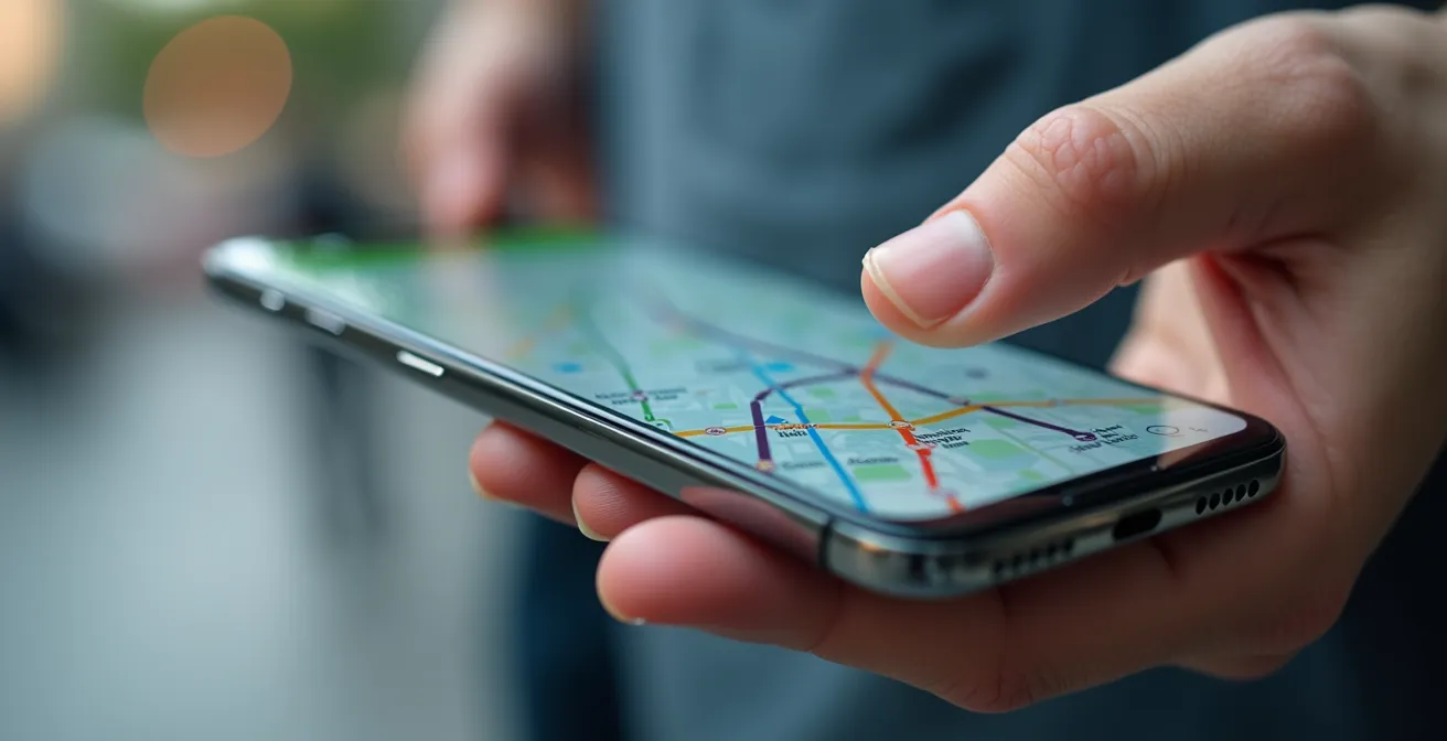 Smartphone-Bildschirm mit Kartenansicht verschiedener Mobilitätsoptionen in Frankfurt