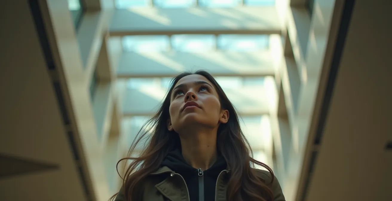 Museumsbesucher erleben die architektonische Promenade durch wechselnde Lichtverhältnisse und Raumhöhen