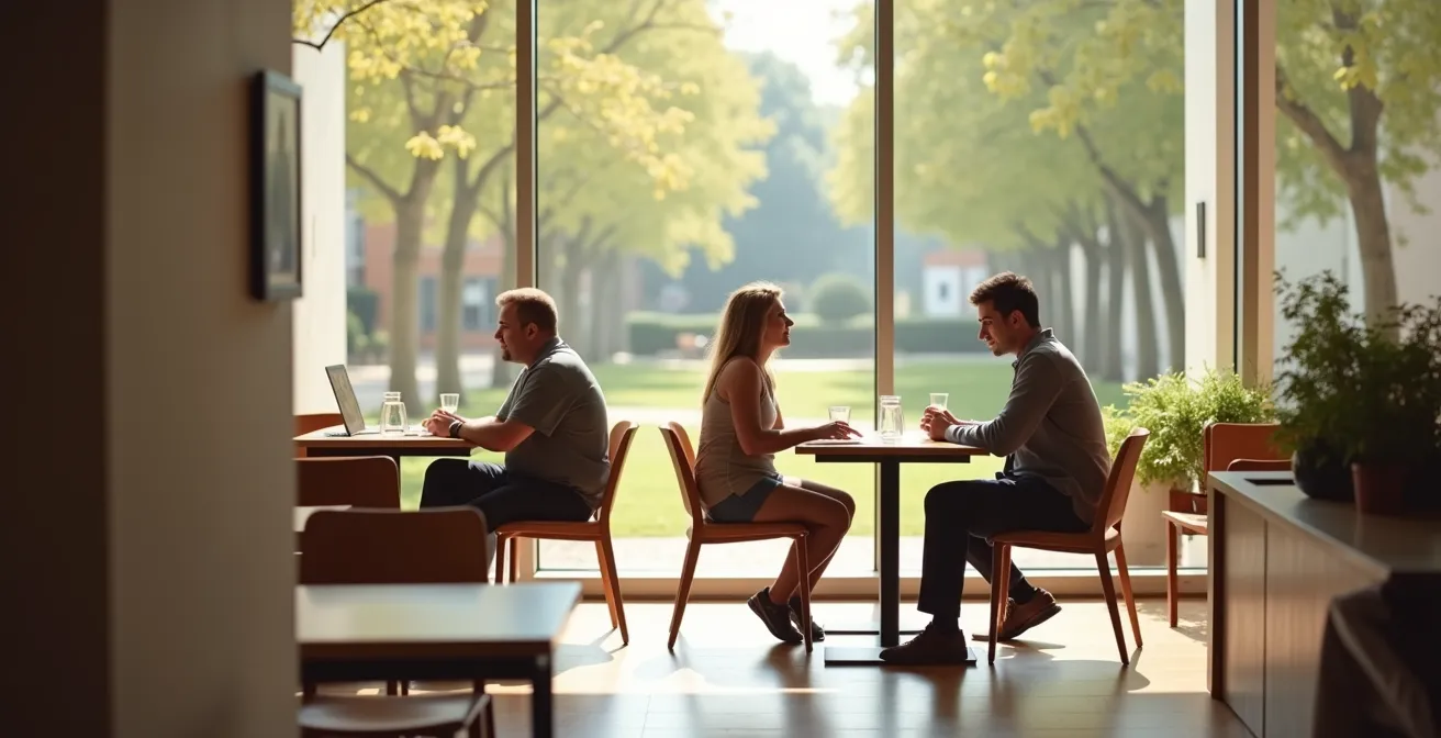Besucher entspannen im sonnigen Museumscafé mit Blick auf den Garten