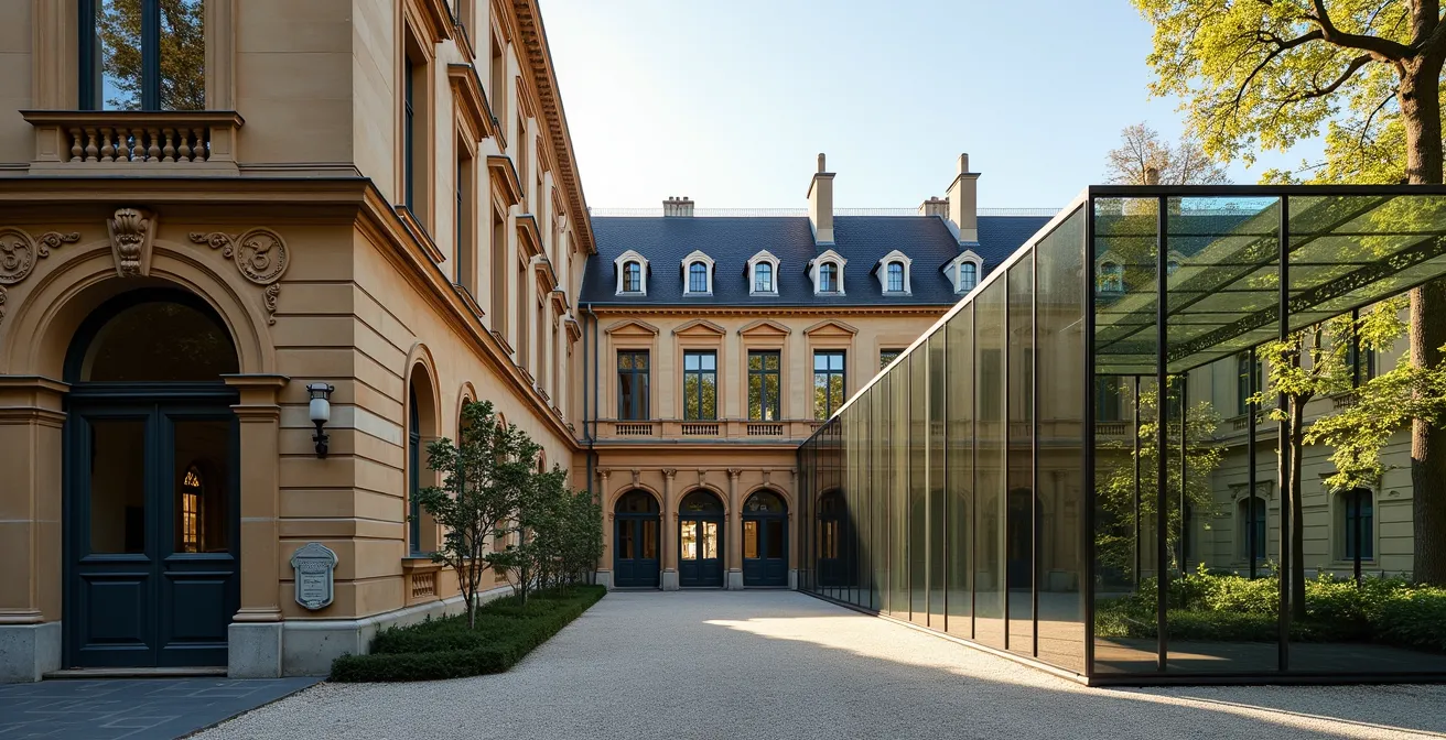 Detailaufnahme des architektonischen Dialogs zwischen historischer Gründerzeitvilla und modernem Glasanbau am Museumsufer