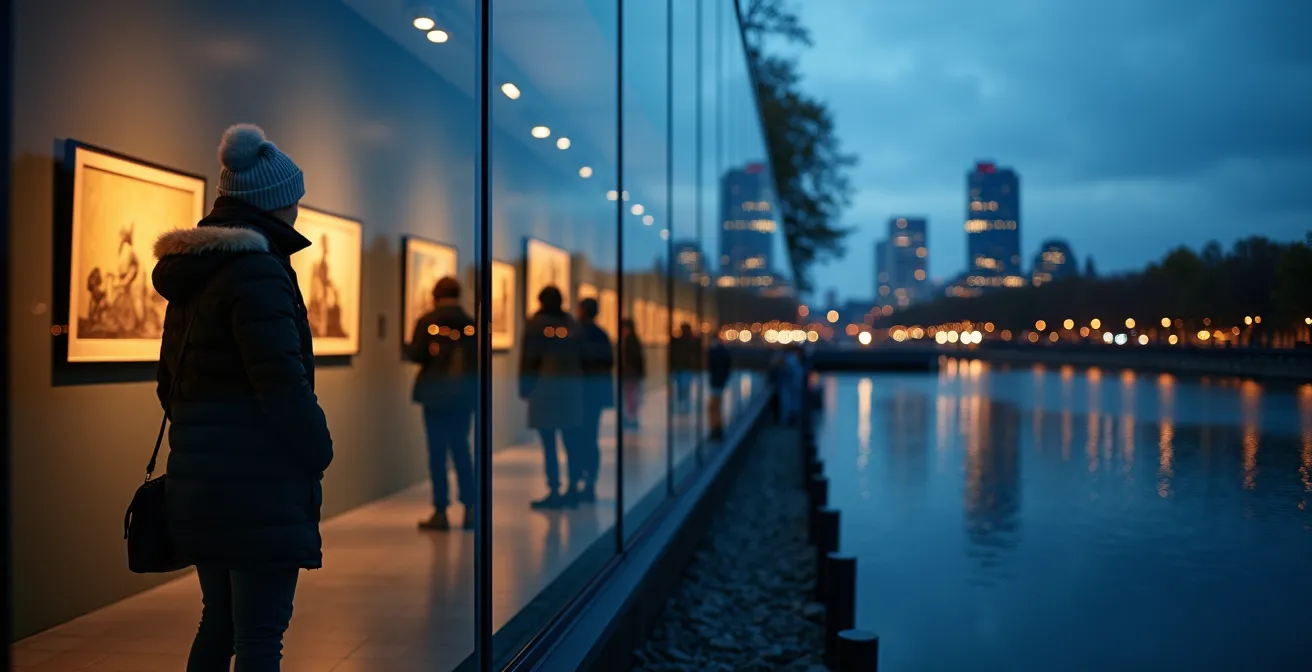 Abendstimmung mit beleuchteten Glasfassaden der Museen am Mainufer, die sich im Fluss spiegeln