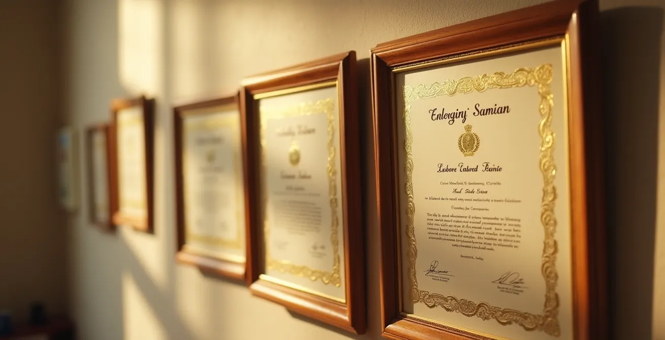Professionelle Zertifikate und Diplome an einer Praxiswand in Frankfurt