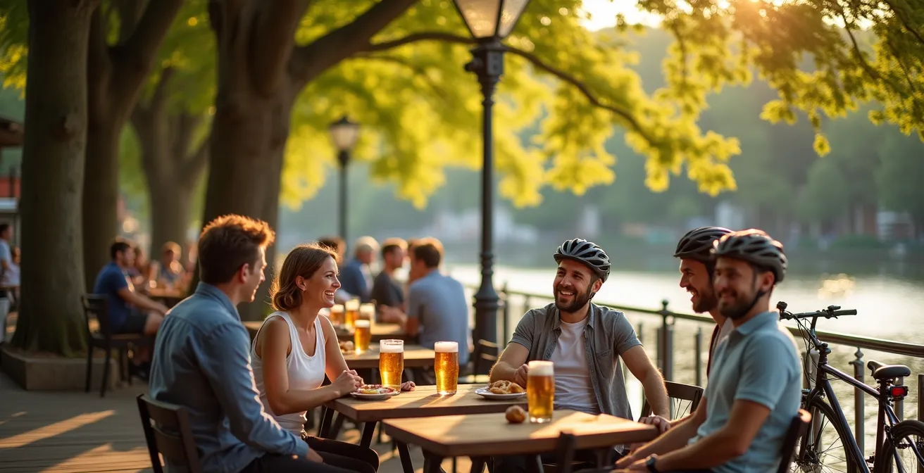 Fahrradfreundlicher Biergarten mit E-Bike-Ladestation am Main, an dem sich Radfahrer entspannen.