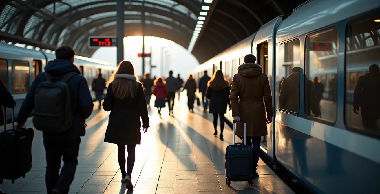 Detaillierte Ansicht eines S-Bahn-Bahnsteigs mit modernen Zügen und Reisenden in Bewegung