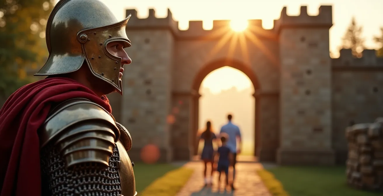 Rekonstruiertes römisches Kastell mit Wehrmauern im Taunuswald bei Sonnenuntergang